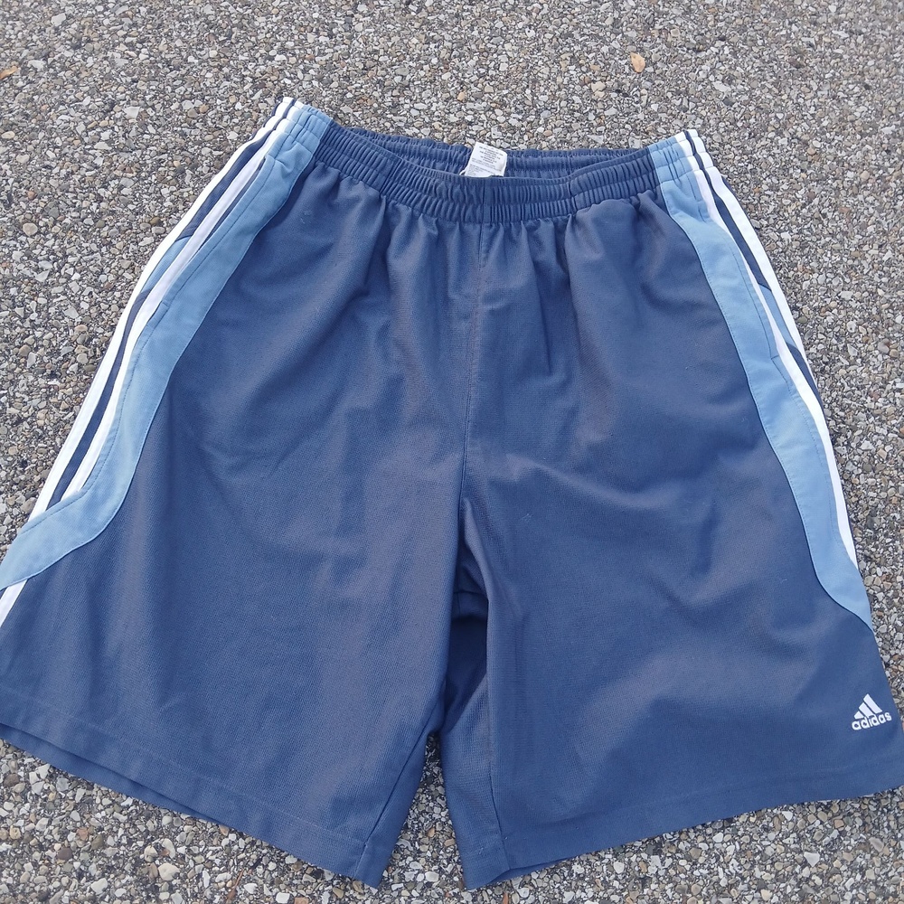 Adidas Shorts Mens XL Blue 3 Stripe Athletic Basketball Relaxed Fit Drawstring